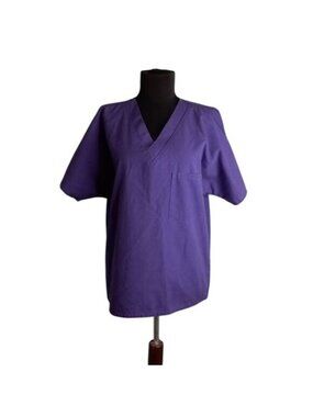 Purple V-Neck Unisex Size Small Medical Scrubs Top Pocket Polyester Cotton Blend